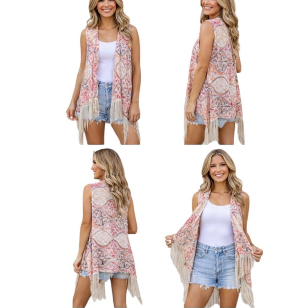 Nekane Tanit Embroidered Boho Fringe Asymmetric Vest Ivory Pink Orange S/M NWT